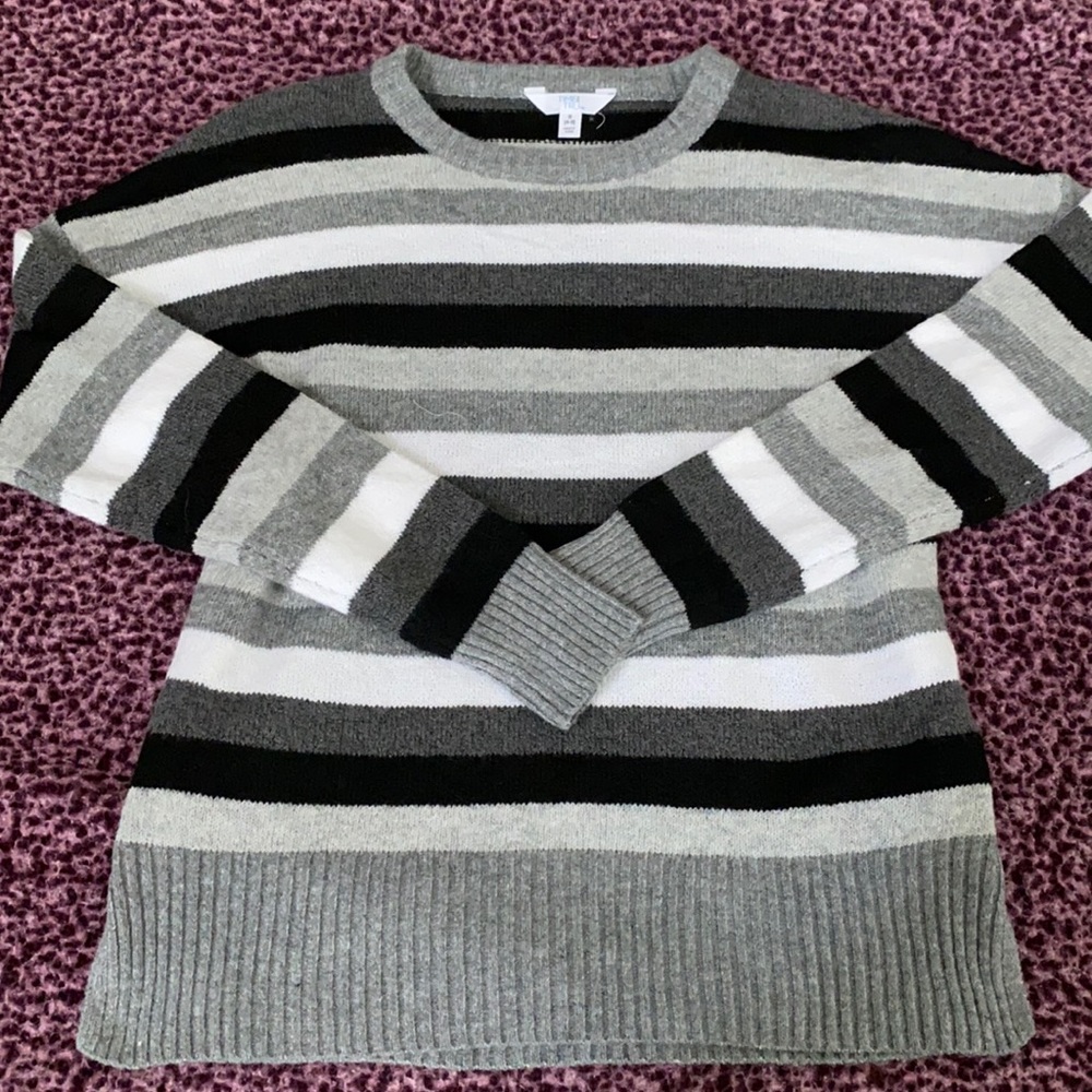white/grey/black striped sweater